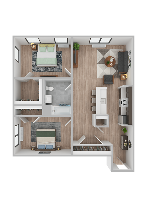 Floor plan for 2 beds, 1 bath, 939 sqft